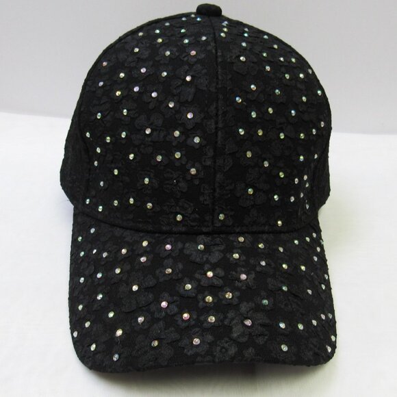 Sparkle Black Floral Lace Baseball Hat Cap Iridescent Rhinestone Studded - Picture 2 of 4